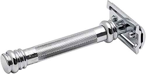 MERKUR 38C Double Edge Safety Razor - Bright Chrome, Extra Large Barber Pole Grip Brass Handle, Made in Germany, Plastic-Free, Two Piece Design, Closed Comb, Straight Bar