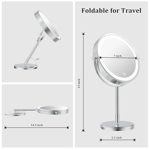 7¡± Magnifying Mirror with Lights,1X/10X Double Sided Lighted Makeup Mirror with Magnification, Rechargeable Battery, Dimmable, 3 Lighting Colors, Chrome