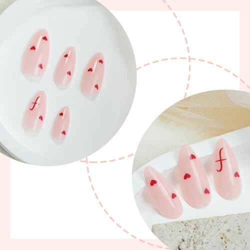24Pcs Heart Press on Nails Medium Almond Fake Nails Valentines Glue on Nails Nude Pink Full Cover False Nails Red Love Hearts Artificial Acrylic Nails Stiletto Stick on Nails for Valentines Nails
