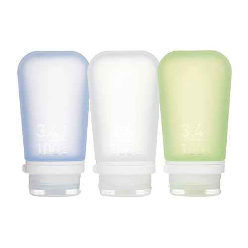 humangear GoToob+ 3-Pack (Large) | Refillable Silicone Travel Bottle | Locking Lid | Food-Safe Material, Clear/Green/Blue, Large (3.4 fl.oz.; 100ml)