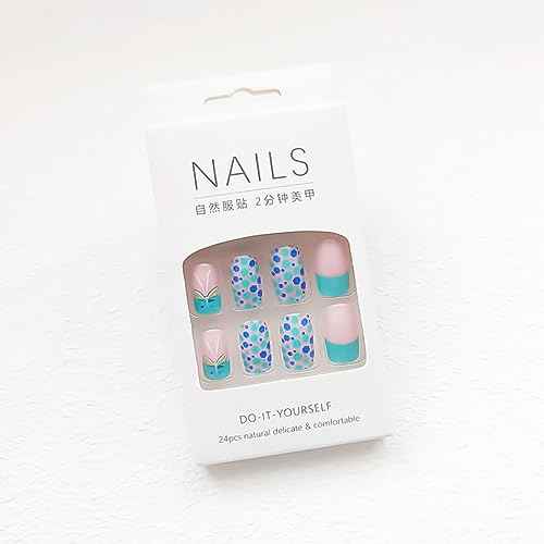 24pcs Square Press on Nails - Glossy Glue on Nails, Green French Tip Acrylic Nails with Butterfly Design False Nails for Women's Manicure