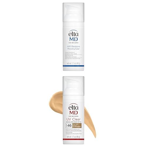 Bundle of EltaMD AM Restore Face Moisturizer 1.7oz, Niacinamide & Hyaluronic Acid + EltaMD UV Clear Tinted SPF 46 Sunscreen 1.7oz, Oil-Free, Zinc Oxide) for Sensitive/Acne-Prone Skin