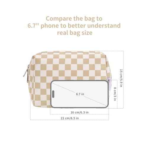 Narwey Checkered Makeup Bag Travel Cosmetic Bag Organizer Toiletry Bag Make Up Bags with Compartments for Women Girls (Large, Light Checkerboard)