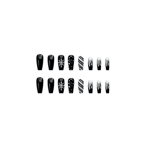 24Pcs Christmas Press on Nails Medium CEWEWP Coffin Snowflake Fake Nails Black Full Cover Acrylic Nails with Design Artificial Nails Xmas False Nails Black Flame Stick on Nails for Women