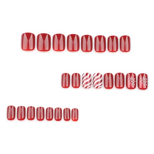 24 Pcs Christmas Red Press on Nails Short Square - LINMEIZAI Xmas French Fake Nails Press ons Nail Art Tips Glue on Nails Full Cover Acrylic False Nails with Glossy Snowflake Stripes Design for Women