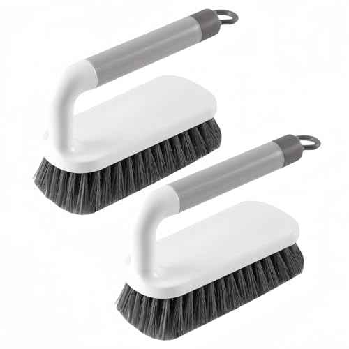 Scrub Brush, Scrubbing Cleaning Brushes, Heavy Duty Cleaning Brushes with Handle, for Shower, Bathroom, Carpet, Kitchen and Bathtub Scrubber, 2 Pack (Grey)
