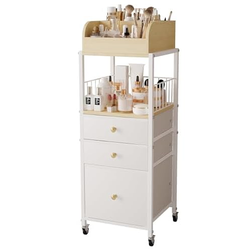 Makeup Organizer Cart with Drawers, Make up Organizers for Vanity, Floor Skincare Organizers- for Cosmetics, Nail Polish, Art Supply, Bathroom Vanity Desktop Organizer (White)