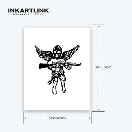 INKARTLINK Tattoo Tech, 2 Sheets Medium Semi Permanent Tattoo, Adult Art Design Temporary Tattoos, Lasts 1-2 Weeks, Waterproof, Realistic Look, No Adhesive, No Reflection (Gun-Wielding Angel Design)