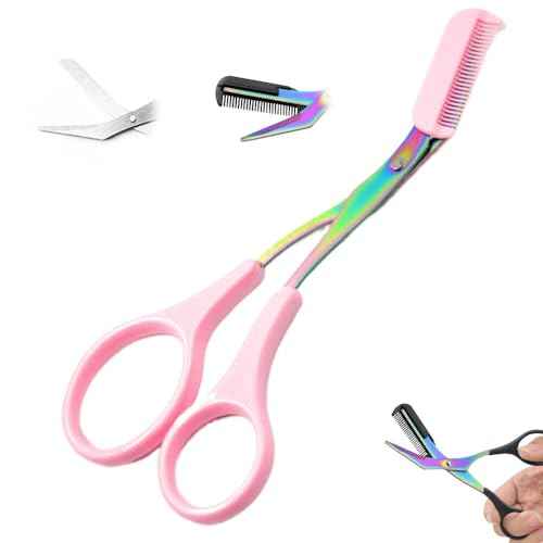 Eyebrow Trimmer Scissor, 2024 New Eyebrow Scissors with Comb Eyebrow Trimmer for Women Men, Non-Slip Eyebrow Cutter Eye Brow Razors Eye Brow Shaper Trimming Scissors Makeup Tool (Pink)