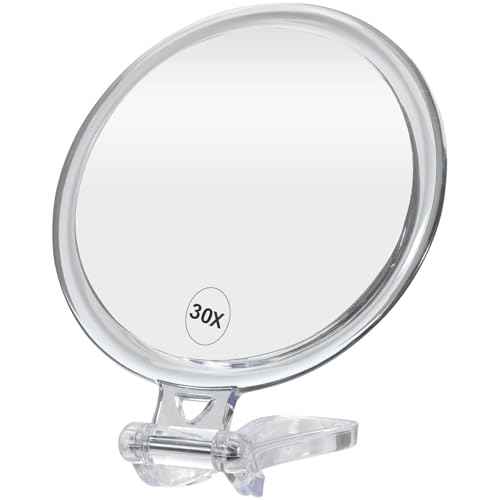 ForPro Professional Collection Expert 30X Magnifying Handheld Mirror, Double-Sided Hand Mirror with Folding Adjustable Handle for Makeup, Travel, Clear