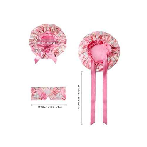 Double Layer Satin Hair Bonnet with Eye Mask Silk Sleep Cap with Tie Head Wrap for Curly Natural Hair Pink Strawberry