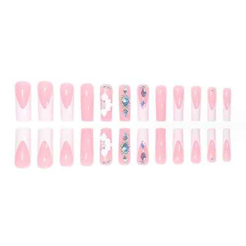 White Press on Nails Artificail Extra Long, French Square Fake Nails, Crystal Flowers Nails Acrylic Full Cover Long Fake Nails with Design Nail Tips for Women&Girls-24PCS