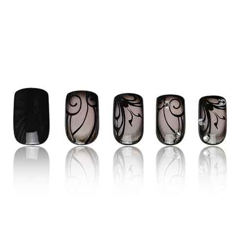 Black Press on Nails Medium Square Fake Nails with Black Vine Designs Dark Style Glue on Nails Press ons Acrylic False Nails Full Cover Stick on Nails for Women