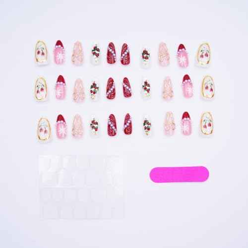 30Pcs Christmas Press on Nails Medium Almond Fake Nails Red French Tip Nails with Pearl Rhinestones Design 3D Bow False Nail Xmas Tree Flower Acrylic Nail Christmas Snowflake Glue on Nail for Women