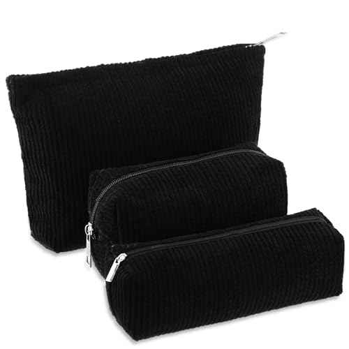 3 Pcs Makeup Bag Set for Women Corduroy Cosmetic Pouch Aesthetic Smile Travel Toiletry Bag Cute Purse Pouch Pencil Case Makeup Brushes Storage Organizer for Christmas(Black,Solid Style)