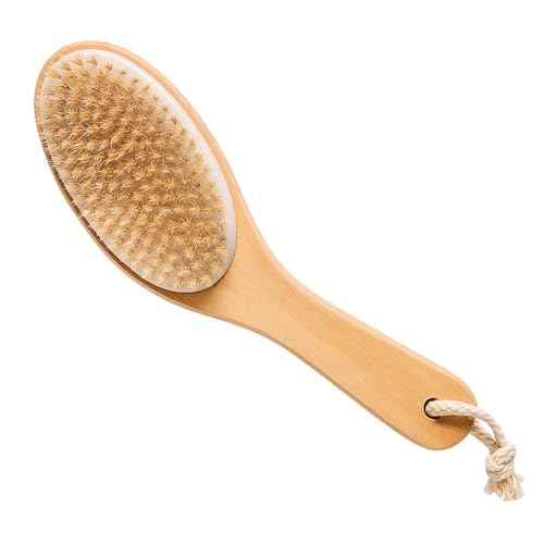 100% Natural Boar Bristle Body Brush with Contoured Wooden Handle for Dry Brushing Exfoliating Wooden Shower Brush for Smooth Glowing Skin by Touch Me
