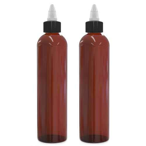 BRIGHTFROM Twist Top Applicator Bottles, 8 OZ, Squeeze Empty Plastic Bottles, Black Nozzle, BPA-Free, PET, Refillable, Open/Close Nozzle - Multi Purpose (Amber)