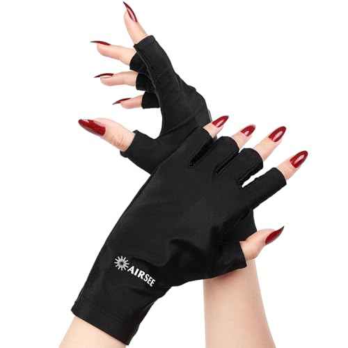 AIRSEE Premium UPF 50+ UV Protection Gloves for Gel Manicures - Fingerless Design for Professional Solon & Home Use, Anti UVA/UVB, Breathable Cool Tech Gloves for UV Lamp & Sun Protection (Black)