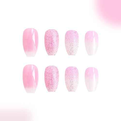 24pcs Pink Glitter Press-on Nails - Medium Coffin Style, Bling Acrylic, Gradient Design, Full Cover French False Nails, Artificial Glue-on Tips for Women & Girls - Glossy Finish