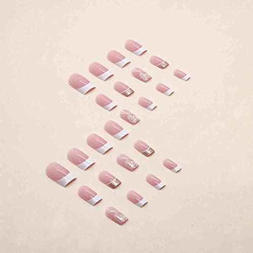 French Tip Press on Nails Medium LOVE Fake Nails Square Bling Glossy White False Nail Tips Artificial Finger Manicure for Women and Girls,24pcs