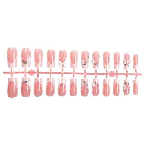 24Pcs Press On Nails Long Square Fake Nails Press Ons With Rhinestone Bow Design White French False Nails Pink Glossy Glue On Nails Full Cover Stick On Nails For Women Nail Supplies