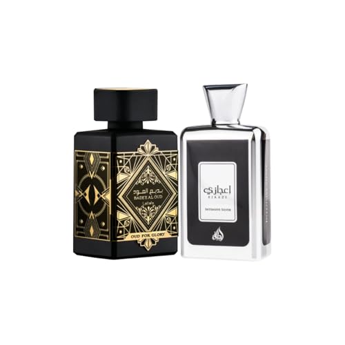 Lattafa Perfumes for Unisex 2 Piece Eau de Parfum Gift Set (Bade'e Al Oud Oud For Glory + Ejaazi Intensive Silver) 3.4 Ounce/100 ml each