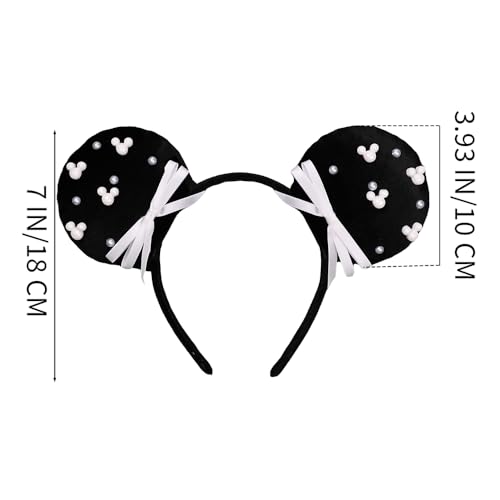 3D Black Mouse Ears Headband with Beads Pearls, Satin Bow Hairband Fashion Photogrphy Prop for Women Girls