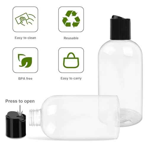 2 Pack 8 oz Empty Plastic Bottles with Black Disc Caps Reusable Clear Leak-Proof Travel Squeeze Containers for Shampoo Conditioner Toiletries Liquid Soap