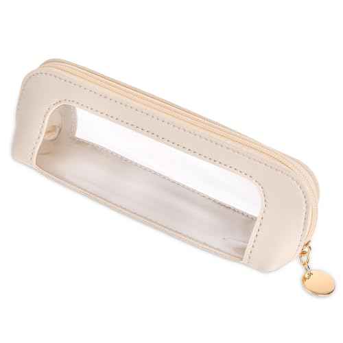 Small Clear Makeup Bag, PU Leather Travel Makeup Brush Case Portable Transparent Waterproof Cosmetic Organizer Pouch with Zipper for Women Home Travel Office Makeup Storage (White)