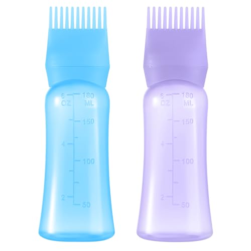 Root Comb Applicator Bottle 6 OZ, Hair Oil Applicator Bottles for Scalp with Massage Comb, 2 Pack Hair Dye Applicator with Graduated Scale (Purple, Blue)