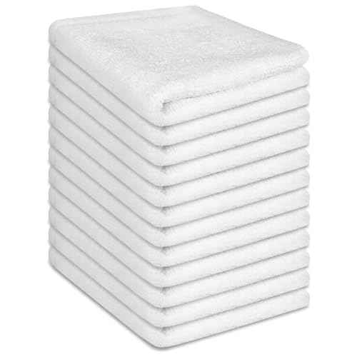 12 Pack 100% Cotton Wash Cloth, 12x12 Inch Highly Absorbent and Soft Feel Fingertip Towels, Machine Washable Washcloths for Bathroom, Gym, Hotel, Spa and Kitchen, White