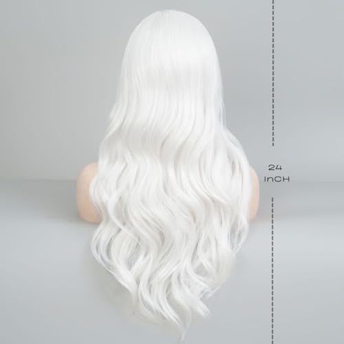 White Cosplay Wigs for Women Long Curly Wavy Middle Part Wig Heat Resistant Fibre Hair Wig for Halloween Costume Party Use