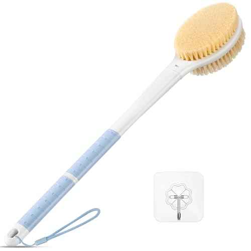Back Scrubber Body Shower Brush: Anti Slip Long Handle Bath Brush with Stiff and Soft Bristles - Showering Exfoliator Wet or Dry Brushing for Women, Men, Elderly (Blue)