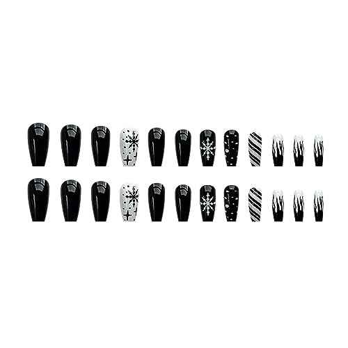24Pcs Christmas Press on Nails Medium CEWEWP Coffin Snowflake Fake Nails Black Full Cover Acrylic Nails with Design Artificial Nails Xmas False Nails Black Flame Stick on Nails for Women