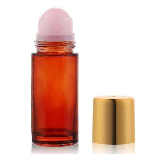 1.7oz Large Amber Glass Roll on Bottles for Essential Oils Perfume Refillable Roller Ball Applicator Empty Deodorant Containers with Pink Crystal Rollerball