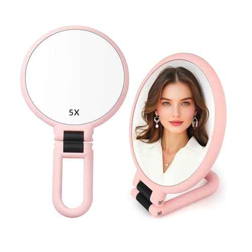 1X 5X Handheld Mirror with Handle for Travel£¬ Magnifying Mirror, Magnification, Rotation Adjustable Handle, Double Sided Folding, Mirror for Women for Eyes Makeup Travel Table Desk Shaving