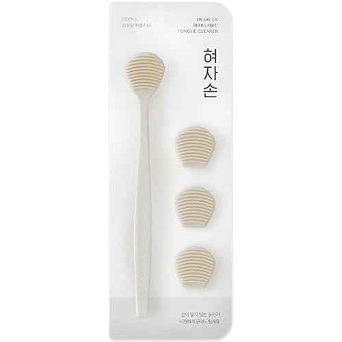 DEARCUS Korean Tongue Scraper with 3 Replaceable Heads - 100% BPA Free TPE Tongue Cleaner - Reduce Bad Breath & Without Hurt - Hygienic Scraper - Modern & Simple Design (White)