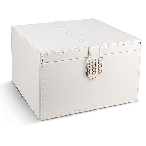 Glenor Co Makeup Organizer - Extra Large Exquisite Case w Modern Closure, 4 Drawer Trays & Full Mirror - Huge Cosmetic Storage Jewelry Box for Dresser, Counter-top & Vanity - PU Leather - White