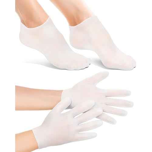 2 Pairs Silicone Moisturizing Glove Socks Set, Anti Slip Soft Spa Gel Socks Softening Feet Dry Cracked Skin, Women Spa Pedicure Socks for Foot Hand Softening, Foot Care After Pedicure (White)