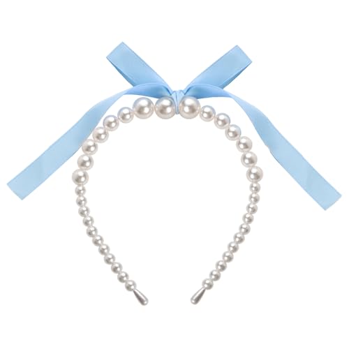 Blue Bow Pearl Headbands for Women Pearls Hair Hoop Bands for Thick Thin Hair Bow Headband Hairband for Teen Girl Elegant Hair Accessories Decoration for Women Non Slip Pearl Head Band with Bow Ribbon