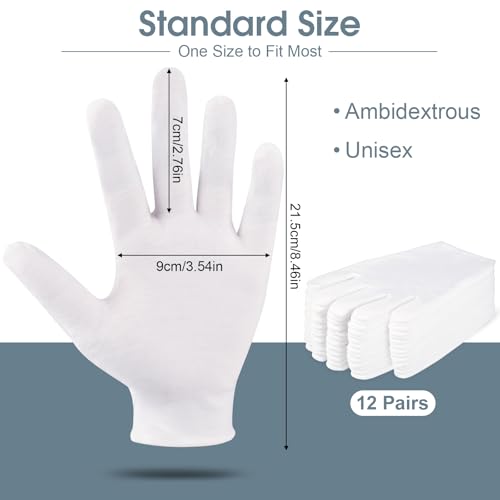 24 Pcs White Cotton Gloves for Dry Hands & Eczema, Moisturizing Sleeping Gloves for Men and Women, Stretchy Breathable Work Glove for Eczema, Jewelry Inspection, Spa