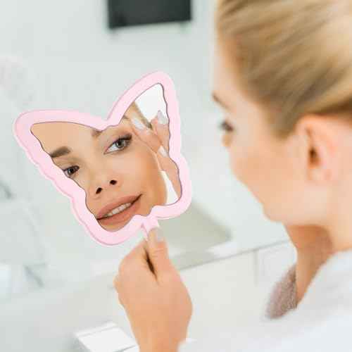 Butterfly-Shaped Handheld Mirrors, Cosmetic Hand Mirror with Handle Small Butterflies Mirrors Decorative Hand Held Mirror for Student Women Girls Valentine's Day Travel Pink