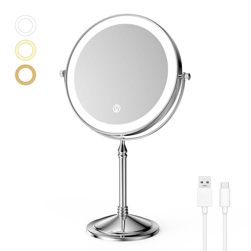 DOWRY 4000 mAh Rechargeable Lighted Makeup Mirror 20x Magnification Vanity Mirror Tabletop Two-Sided Swivel Gifts Women Chrome