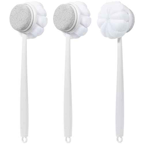 Pumice Stone for Feet and Shower Loofah with Long Handle, Hard Skin Callus Remover, 2 in 1 Foot Scrubber Brush, Back Scrubber Body Brush for Shower Deep Cleansing and Exfoliating