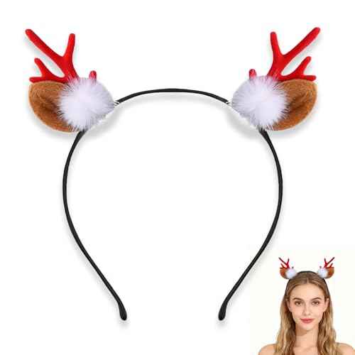 Christmas Reindeer Antlers Headband, Fur ball Red Antler Headbands, Reindeer Antlers Deer Ears Headband for Women Cute Christmas Hair Accessories