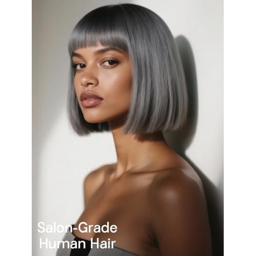 Bob Wig Human Hair 210% Density Bob Wig with Bangs 100% Human Hair Wigs for Black Women Pre-Bleached Glueless Straight Bob Wigs(10Inch)