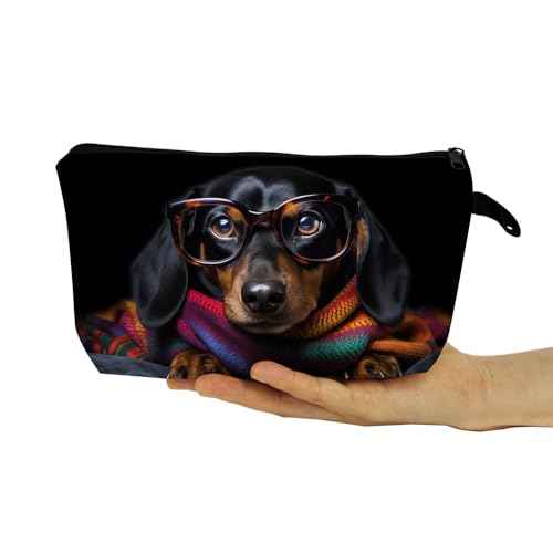 Funny Dog Puppy Present Funny Dachshund Makeup Bag Cute Small Organizer Bag with Zipper Glasses Dachshund Cosmetic Bag Birthday Presents for Dachshund Lovers Dog Mom Women Friends