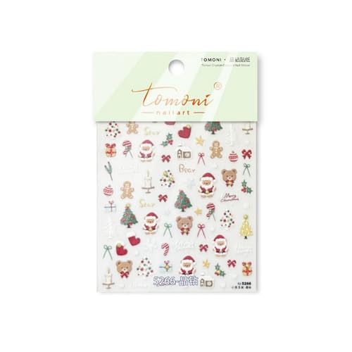 1 Sheet Christmas Nail Sticker Self- Adhesive Nail Decals with Cute Snowman Candle Snowflake Bow Elk Santa Claus Design Xmas Nail Art Stickers for Women Winter Holiday Nail Sticker