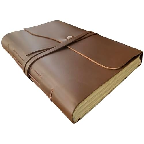 Rustic Town Full Grain Leather Photo Album with Gift Box - Scrapbook Style Pages (Large, Brown)