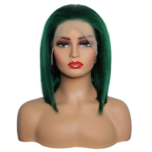13x4 Teal Green Color Lace Front Human Hair Wigs Pre Plucked Blunt Cut Bob Style Pre Colored Green 13x4 Transparent Lace Frontal Wigs Human Hair (Turquoise, 14 inch)